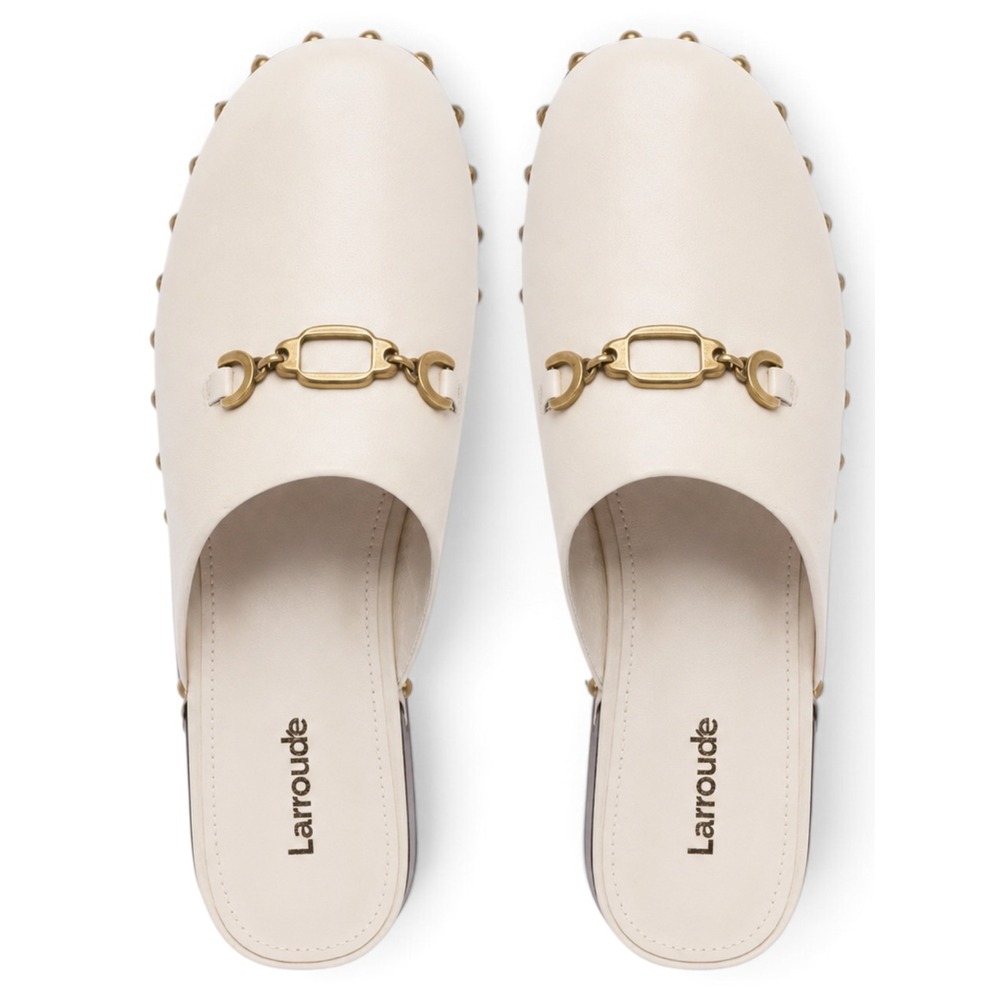 Larroudé Zuzi Ivory Leather Retro Horsebit Clog Mules Studded Wood Heel 6 NWOT - Picture 3 of 11